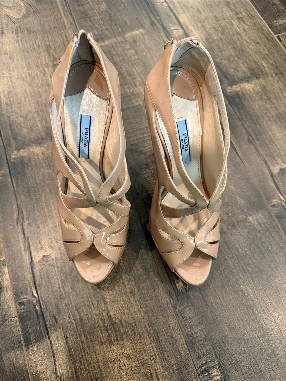 Prada Beige Patent Leather Cutout Peep-Toe Heels